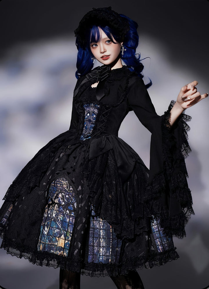 Susin Lolita~Night Traveler~Gothic Lolita Skirt Outfit Long Coat Shirt and Bustier Set