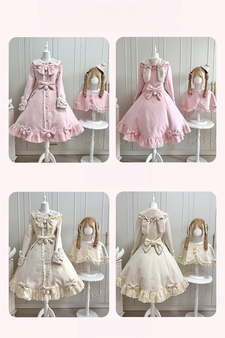 Mengfuzi - Nico Bunny - Winter Sweet Lolita Overcoat, Detachable Cape (Pink White / 2XL L M S XL) 44102:795414