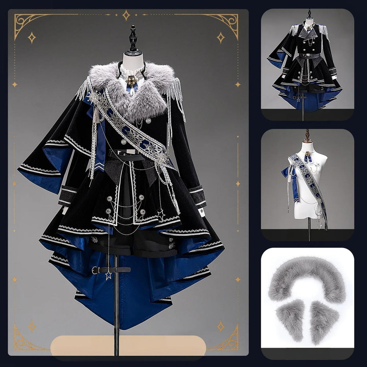 Canticle of Rites - Military Ouji Lolita Jacket & Shorts Set, Detachable Train Black-Blue Full Set S Pre-order