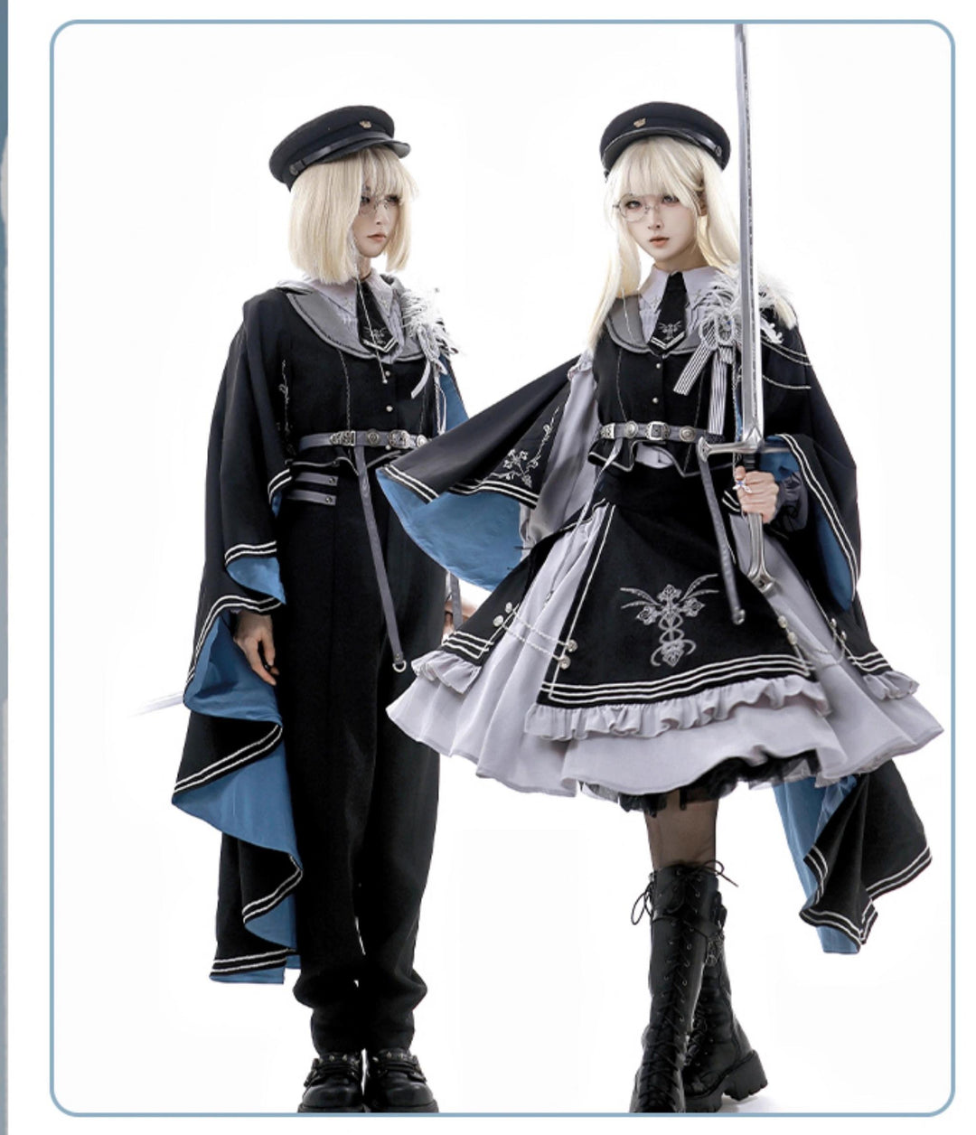 CHUNLV LOLITA~Dark Night Contract~Blue Military Lolita Pants Long Cape Couple Suit