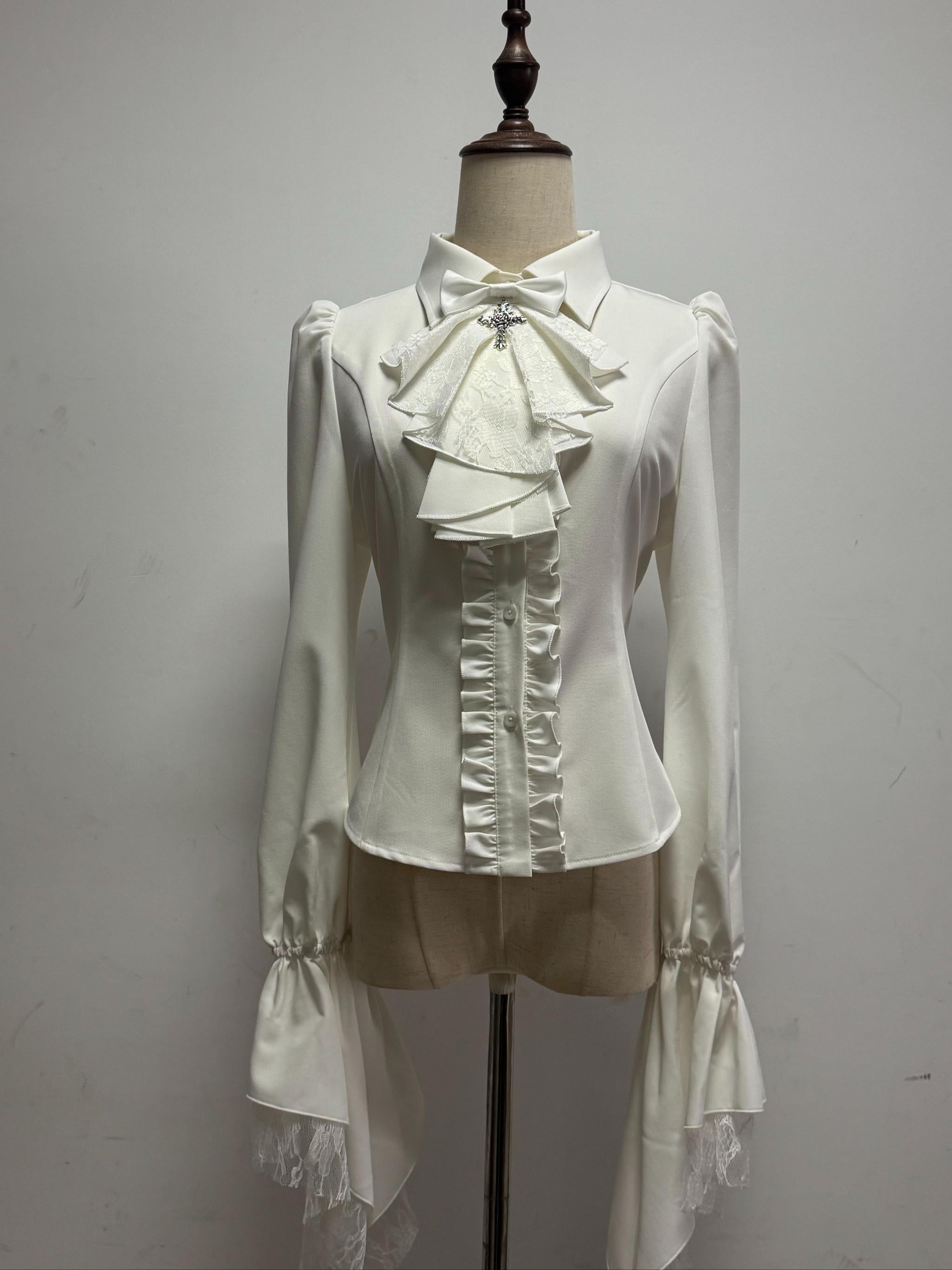 Butterfly Shadow - Halloween Gothic Lolita Fishbone Skirt & Shirt, Butterfly Print White - Long Sleeve Blouse S