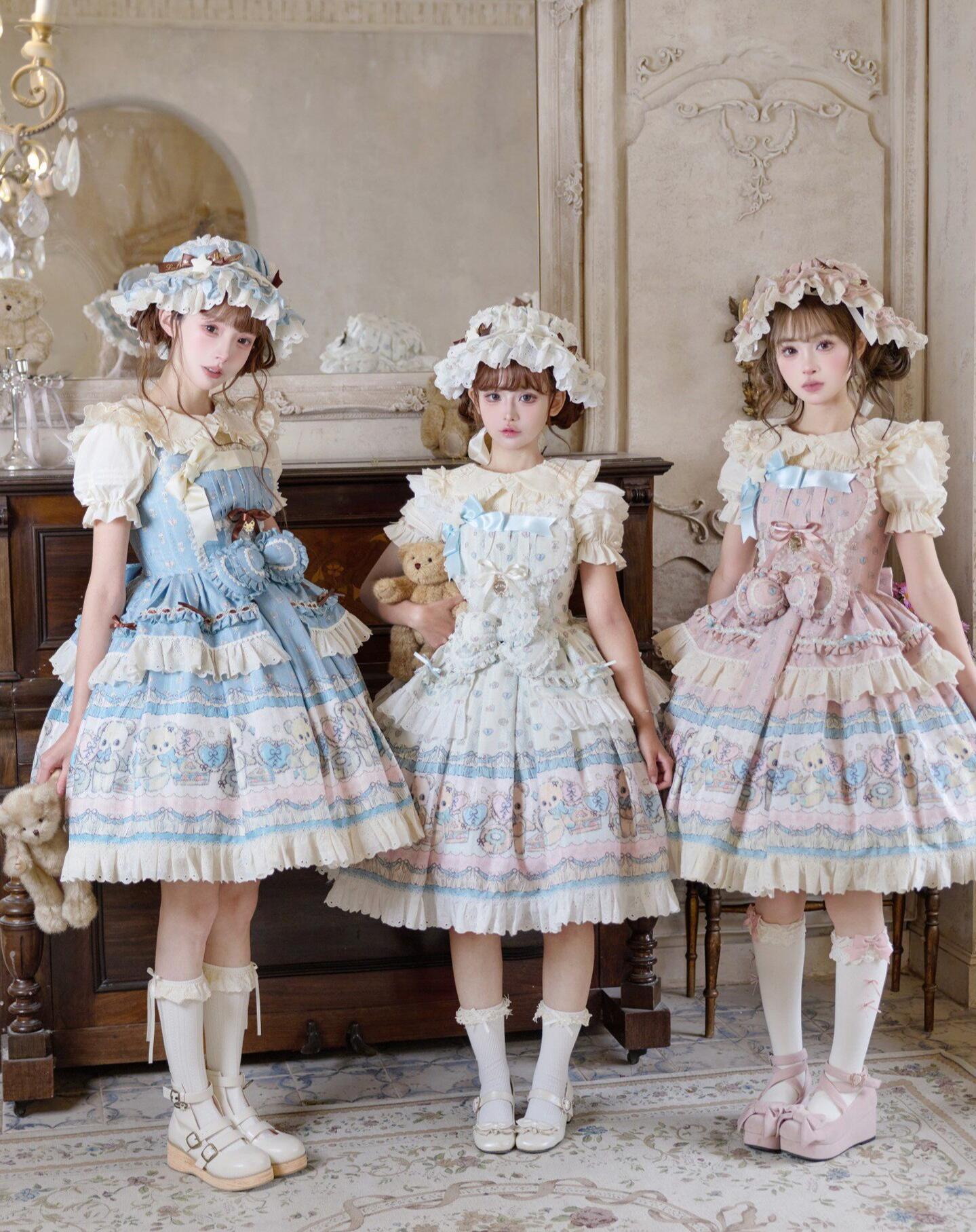 Vintage Doll - Old School Lolita JSK & OP Dress, Teddy Bear Print 45169:838061