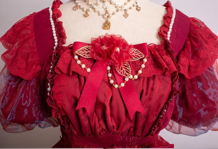 Waltz - Classic Lolita Accessories, Long Mesh Trailing Flower Brooch Only Burgundy