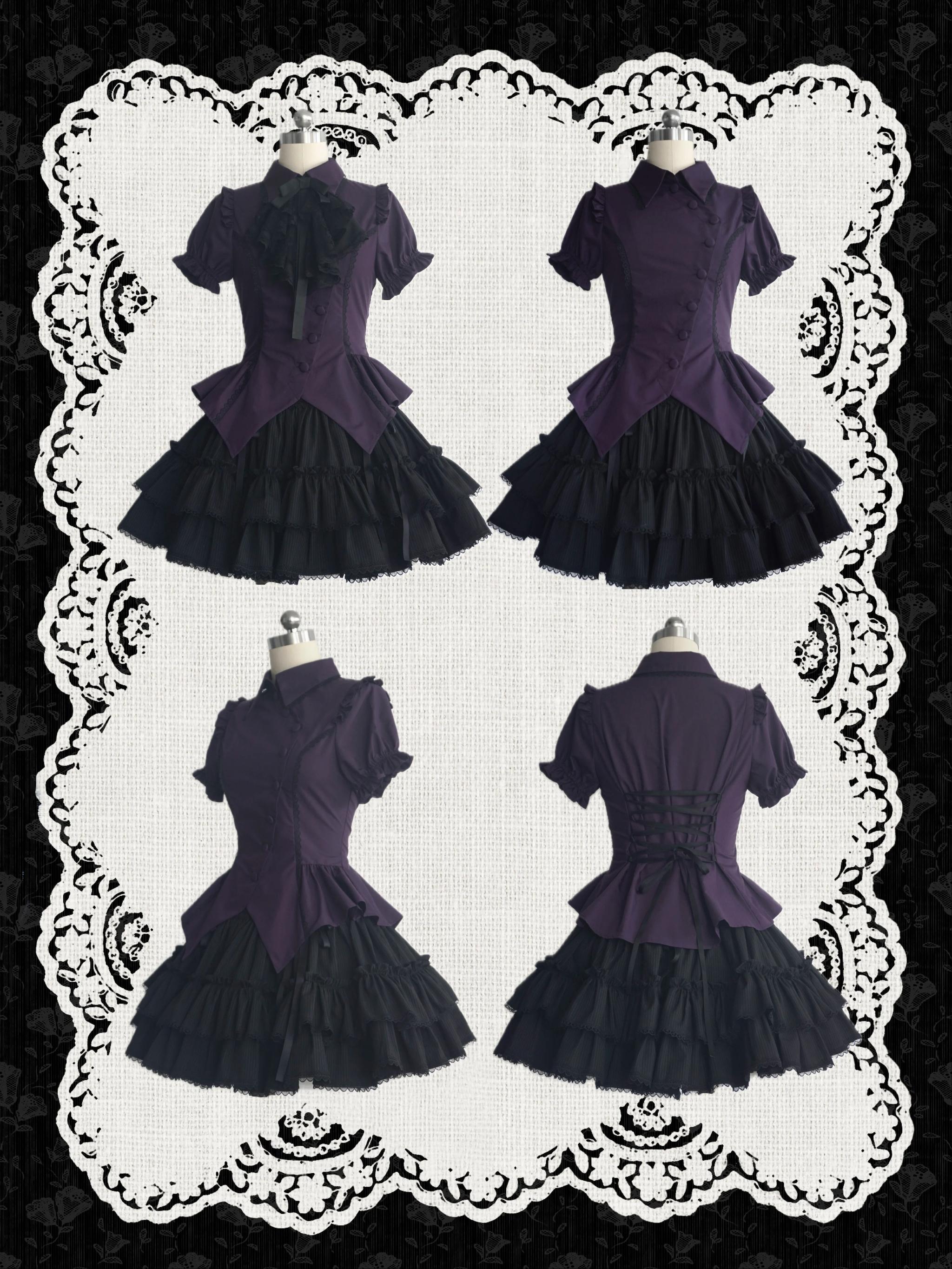 Lyra Nocturne - Gothic Lolita Slanted Placket Shirt Set, Plaid or Striped