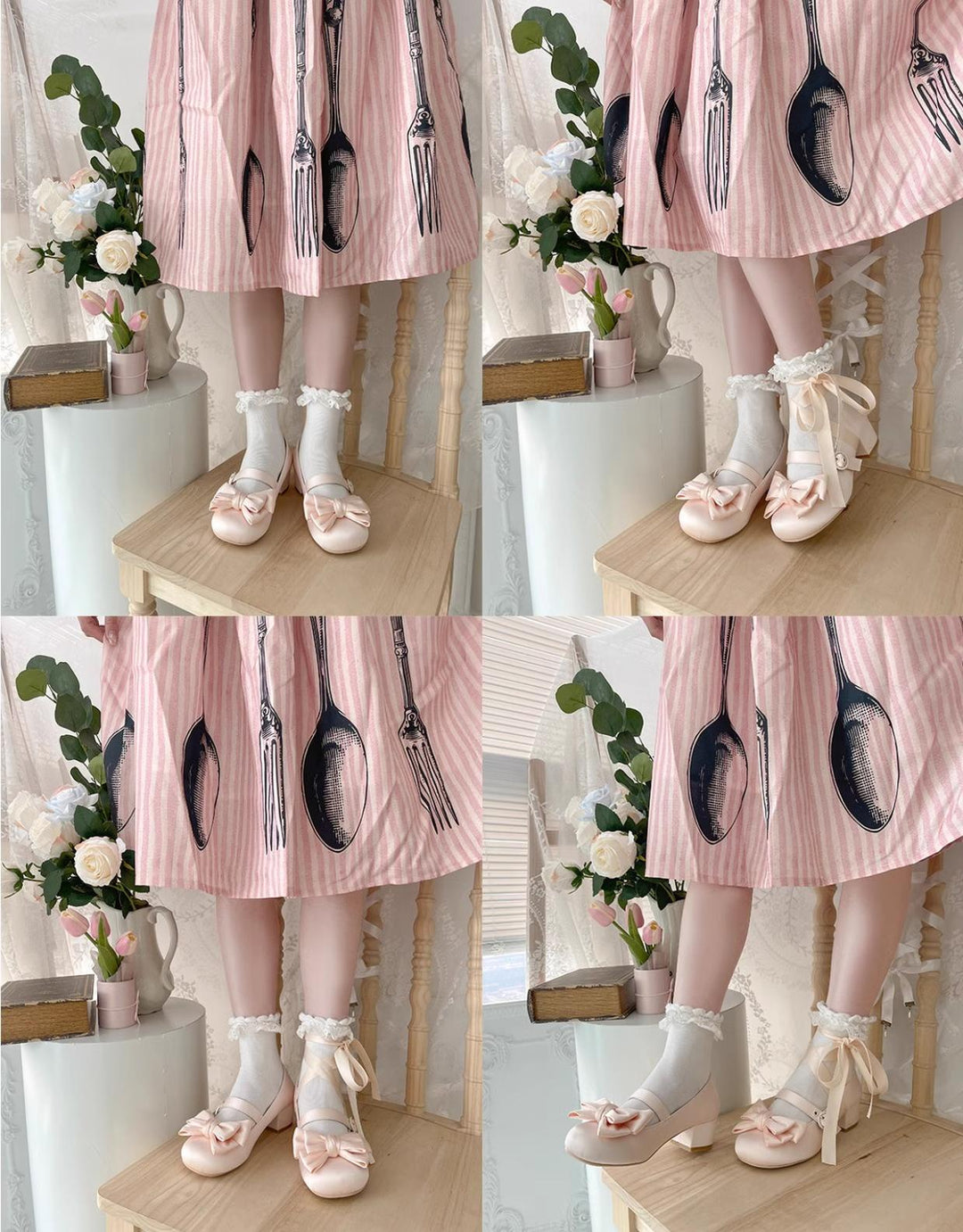 MODO~Sissi~Sweet Lolita Shoes Satin Low Chunky Heels with Bow