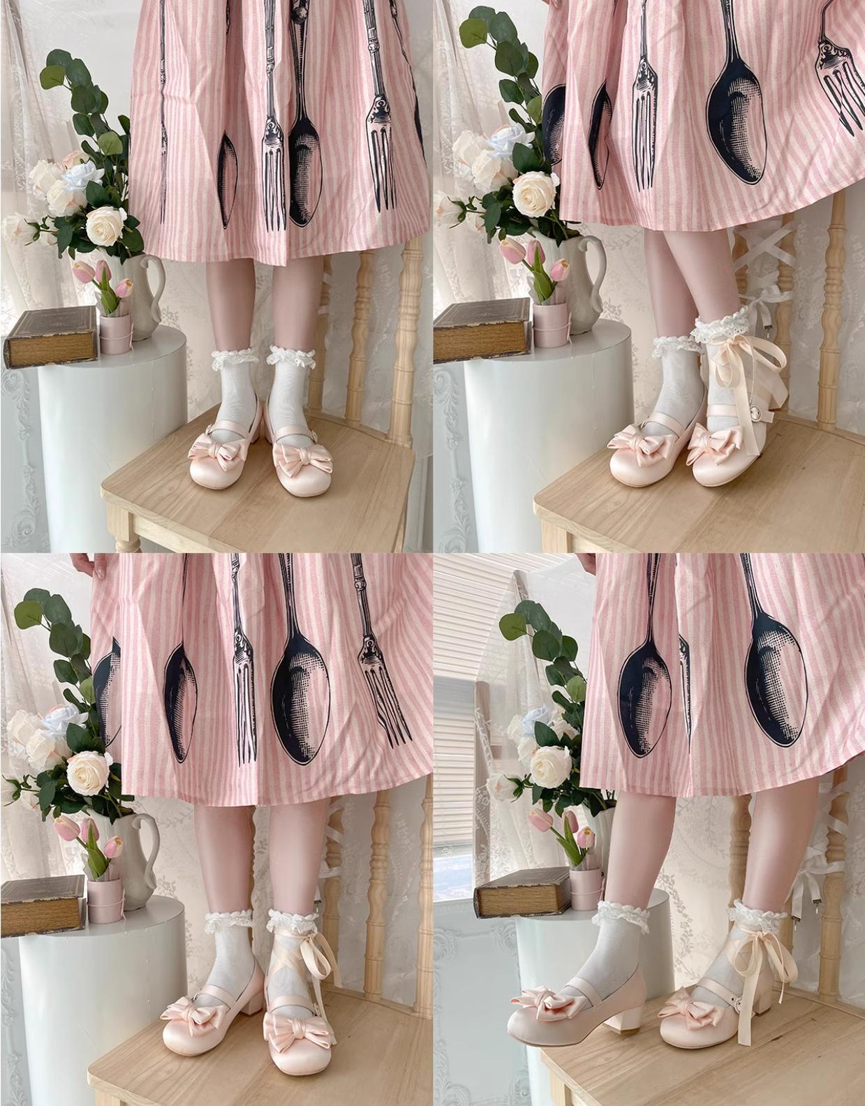 MODO~Sissi~Sweet Lolita Shoes Satin Low Chunky Heels with Bow 42594:749203