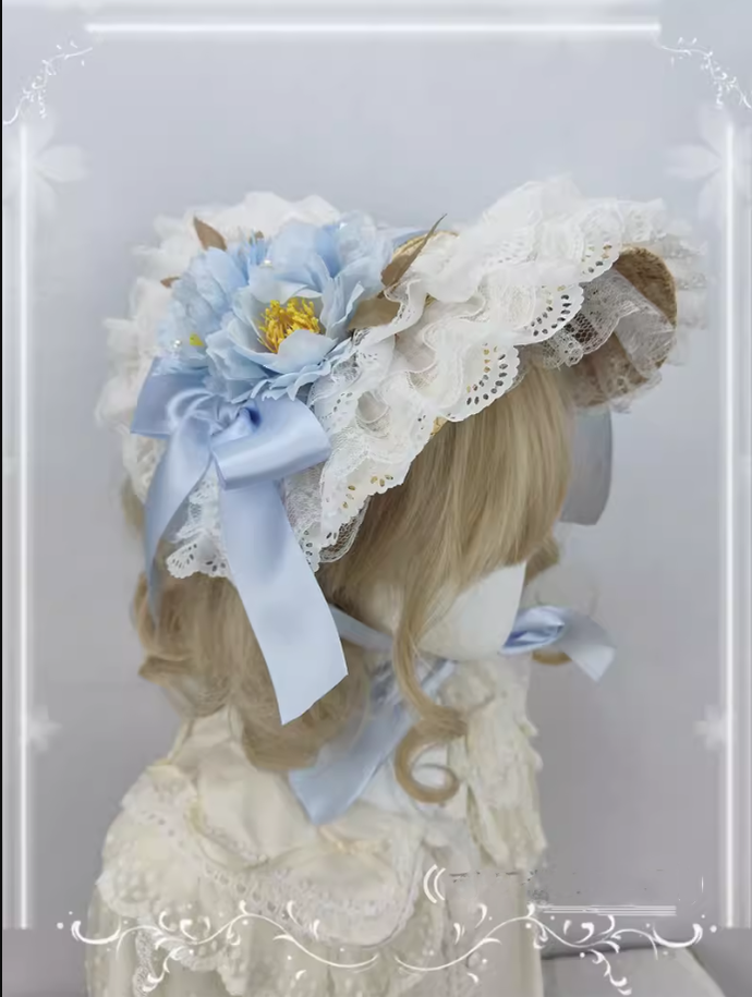 Cocoa Jam~Country Lolita Bonnet Lace Flower Flat Cap Multicolors Customized ice blue  