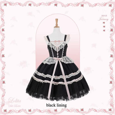 Flower and Pearl Box~Silk Ballet~Wedding Lolita JSK Dress Princess Bridal Dress XS Short JSK (Black Pink) (Pink Lace) 