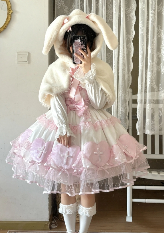 The Seventh Doll~Old School Lolita Cape Bunny Plush Short Coat M White with a hood 