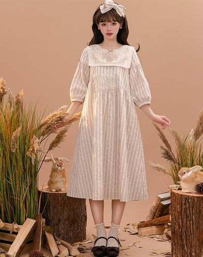 NyaNya~Go Picnicking~Solid Vintage College Lolita OP Dress Multicolors XXL Half-sleeved OP Dress-Beige 