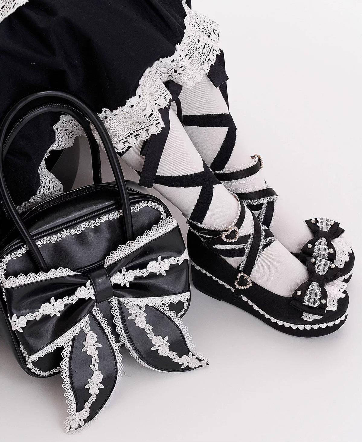 Sheep Puff - Old School Lolita Bag, Ear-Like Bow & Floral Lace