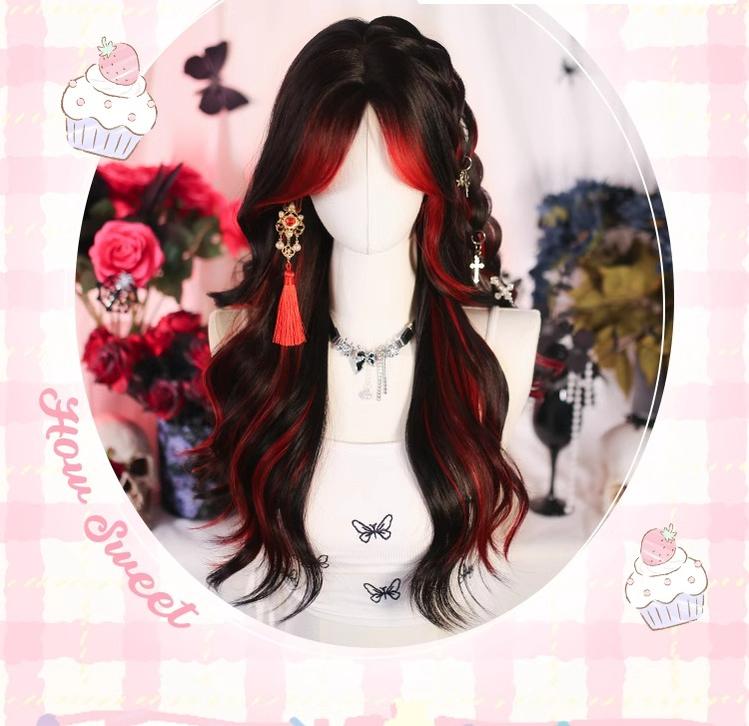 Dalao Home~Bathing Flames~Black Gothic Lolita Wig Red-black Highlighted Long Hair   