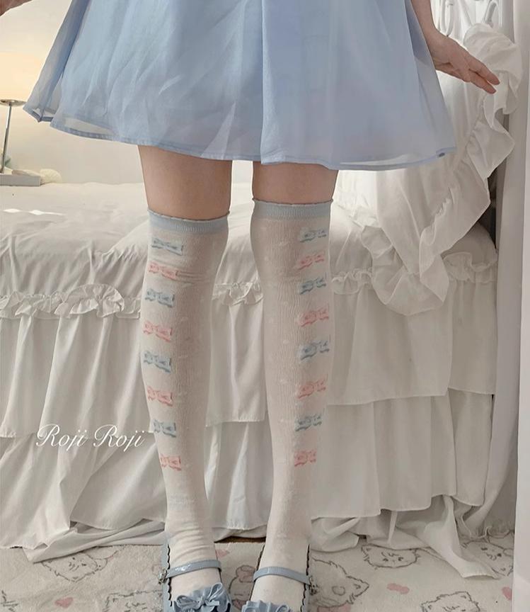 Roji Roji~Winter Lolita Thigh High Socks Slim Leg Socks Free size Pink and blue bow print 
