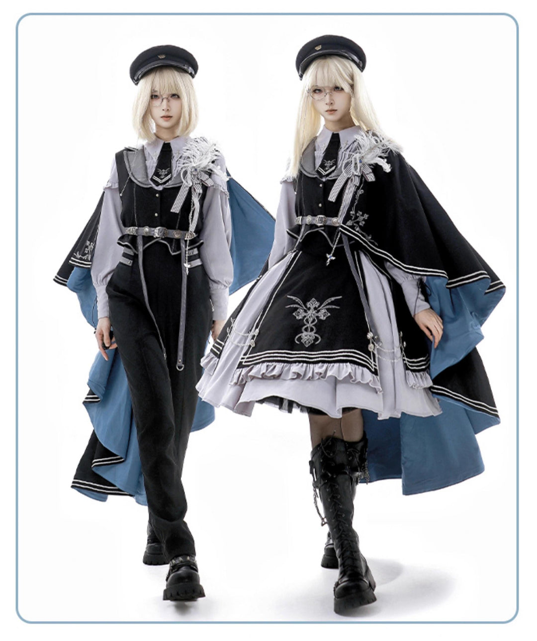 CHUNLV LOLITA~Dark Night Contract~Blue Military Lolita Pants Long Cape Couple Suit