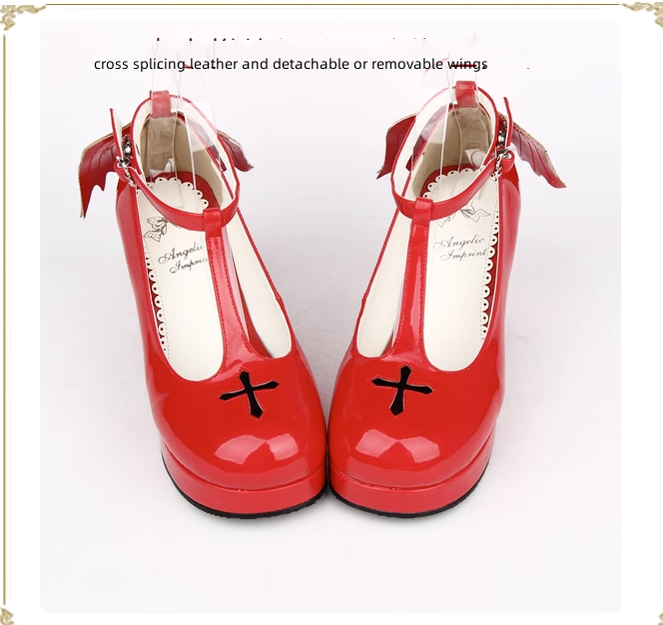 PUPUJIA~Gothic Lolita Wings and Cross Shoes for Chistmas 36 red lacquer 