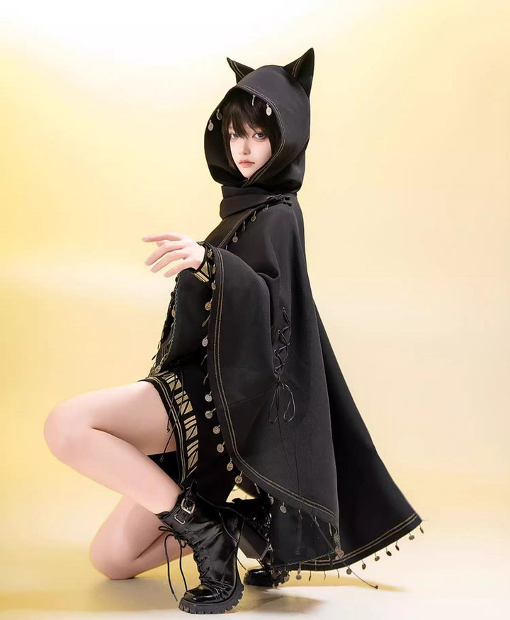 Princess Chronicles~Black Cat~Black Ouji Lolita Cape with Cool Cat Ear Hood