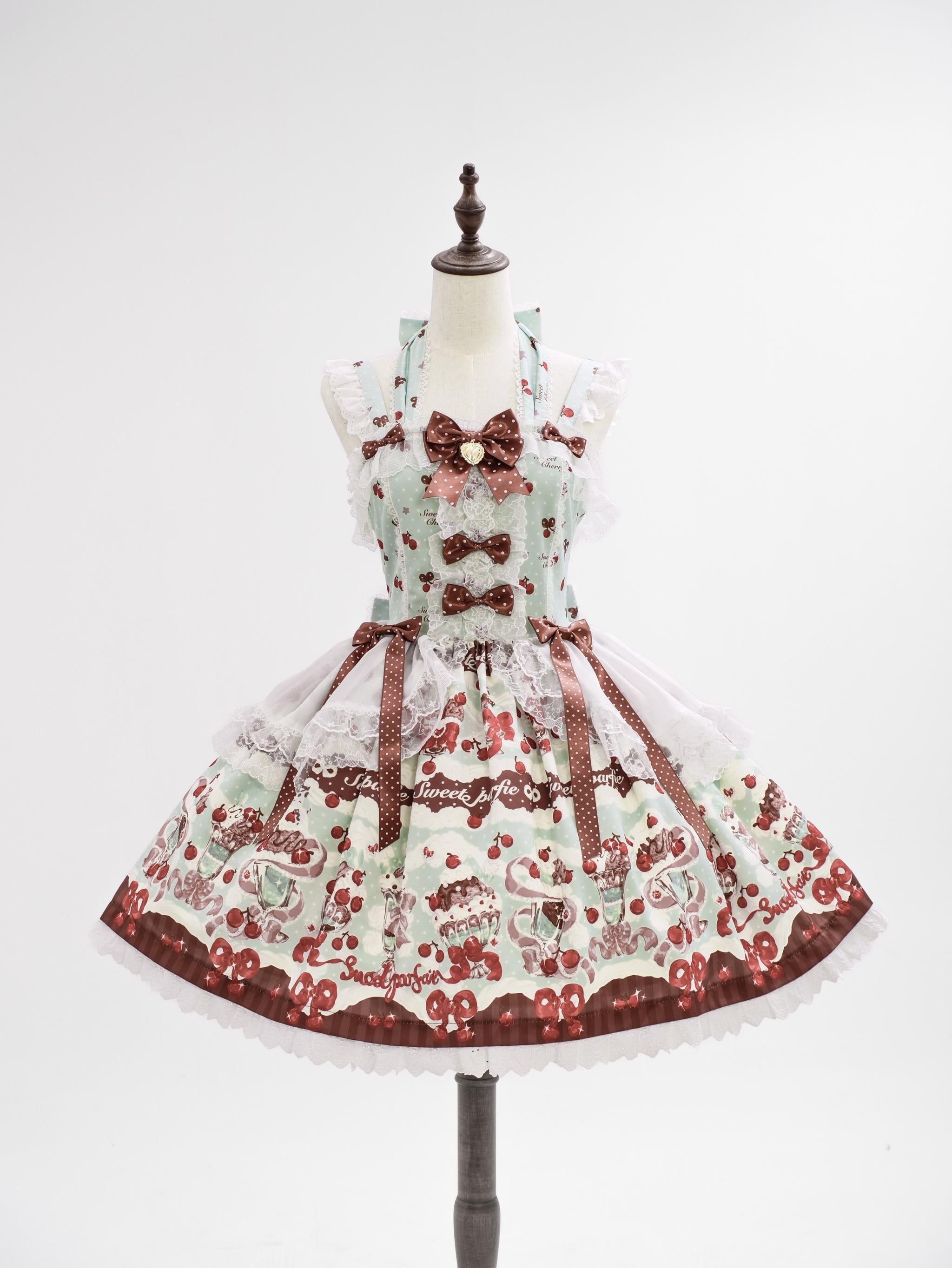 Cherry Parfait - Printed Sweet Lolita Dress, Macaron Colors Green JSK Only S