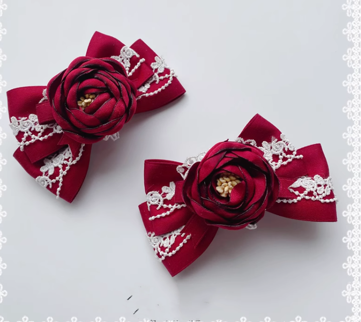 Pretty Girl Lolita~Elegant Lolita Burgundy Rose Headdresses a pair of flower-studded side clips  
