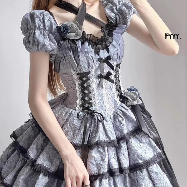 Xingweimian~Medea's Kiss~Gothic Lolita OP Dress Short-Sleeved Black-blue Dress Set   