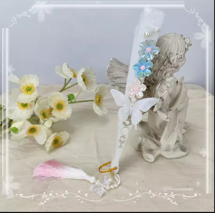 Cocoa Jam~Han Lolita Fan Decorative Folding Fan with Butterfly and Flowers Tassel blue-pink  