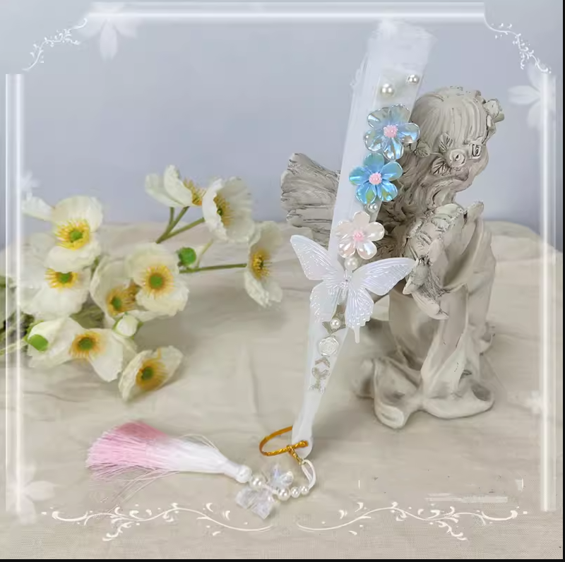Cocoa Jam - Han Lolita Fan Decorative Folding Fan with Butterfly and Flowers Tassel blue-pink