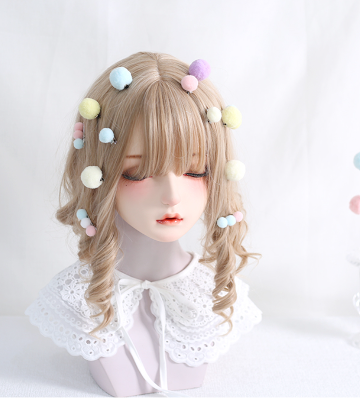 Xiaogui - Bared Sweet Lolita Accessory Pink and Blue Pompom Hair Clip 12pcs of large and small pom-pom sets of hair clips