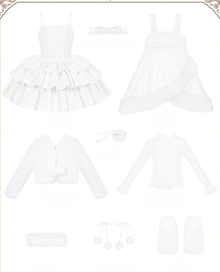 With PUJI - White Choco - Winter Kawaii Lolita JSK Dress Set, Fluffy Accents 44246:801120