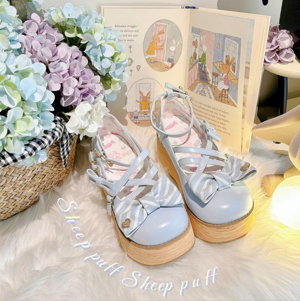 (BFM)Sheep Puff~Candy Tea~Sweet Lolita Shoes Striped Bow Thick-Soled Shoes   