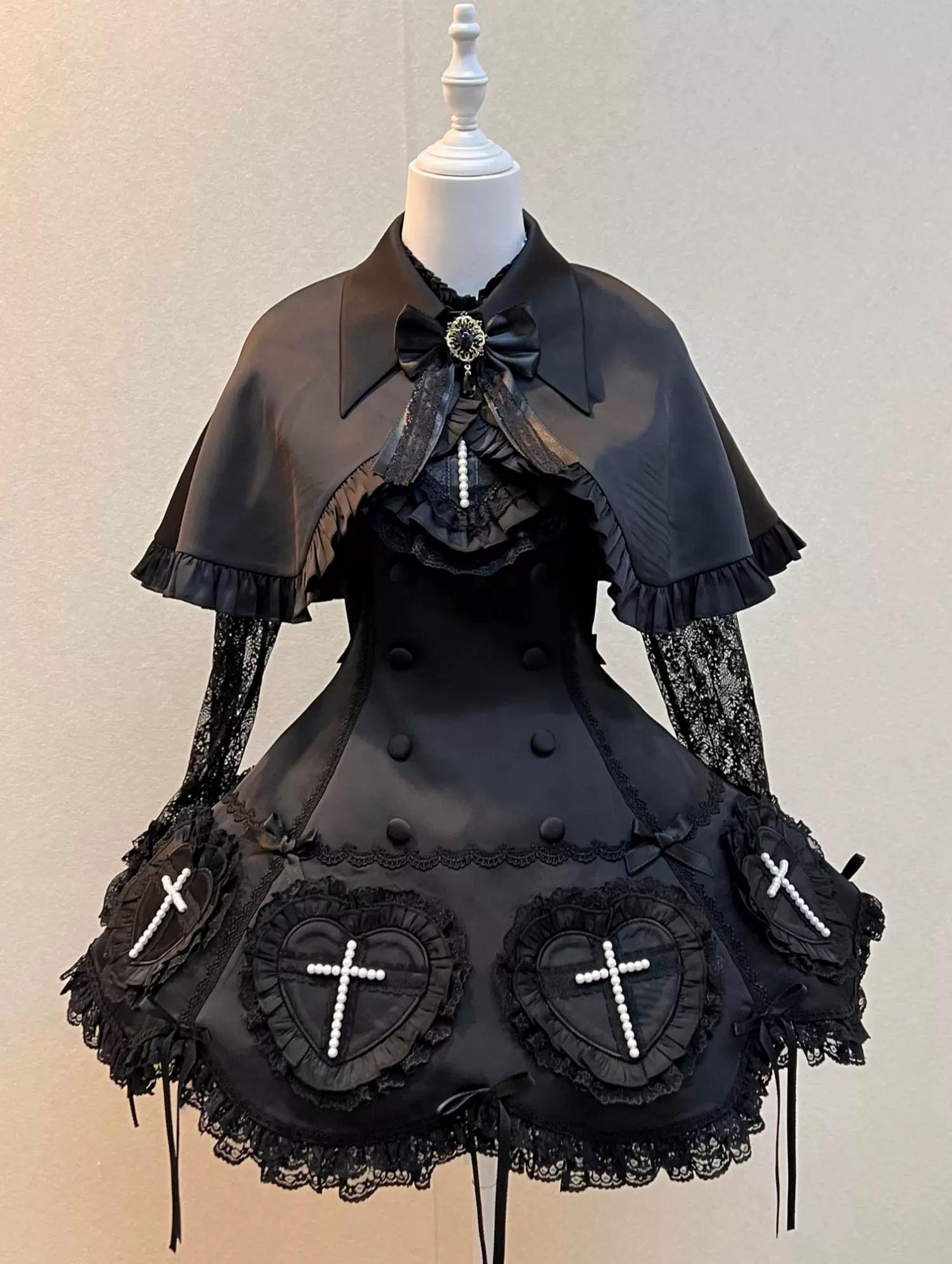 Nocthymn Cross - Gothic Lolita OP Dress with Pearled Cross, Detachable Sleeves 45813:863484