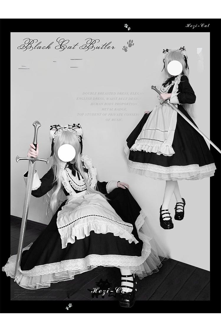 Hezi's Cat Haven~Black Cat Butler~Maid Lolita OP Dress Elegant Black and White Dress