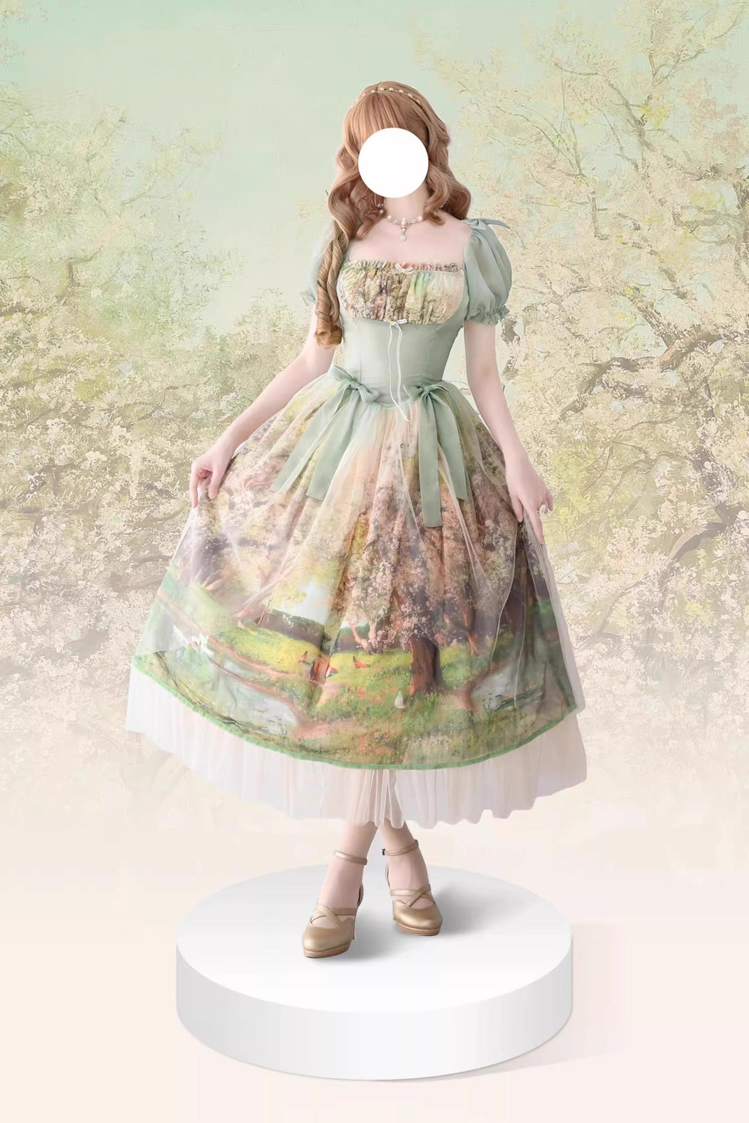 (BFM)Lo-cyan Lolita~Spring~Sweet Lolita OP Dress Oil Painting Print V-Waist Bow Dress S Long - Spring OP Dress 