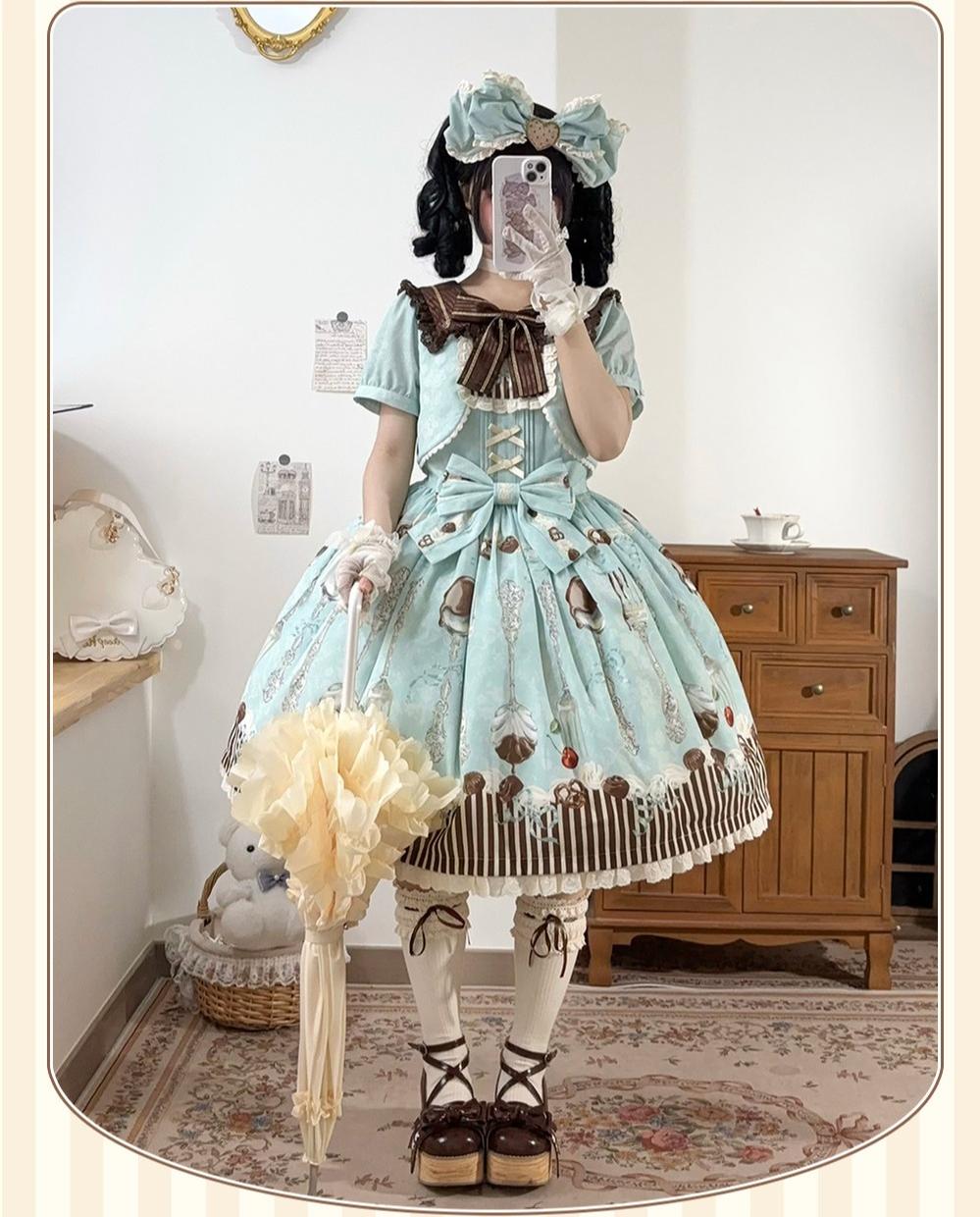 Dessert - Kawaii Lolita Sailor Collar OP Dress, Chocolate & Fork Print 44905:827099