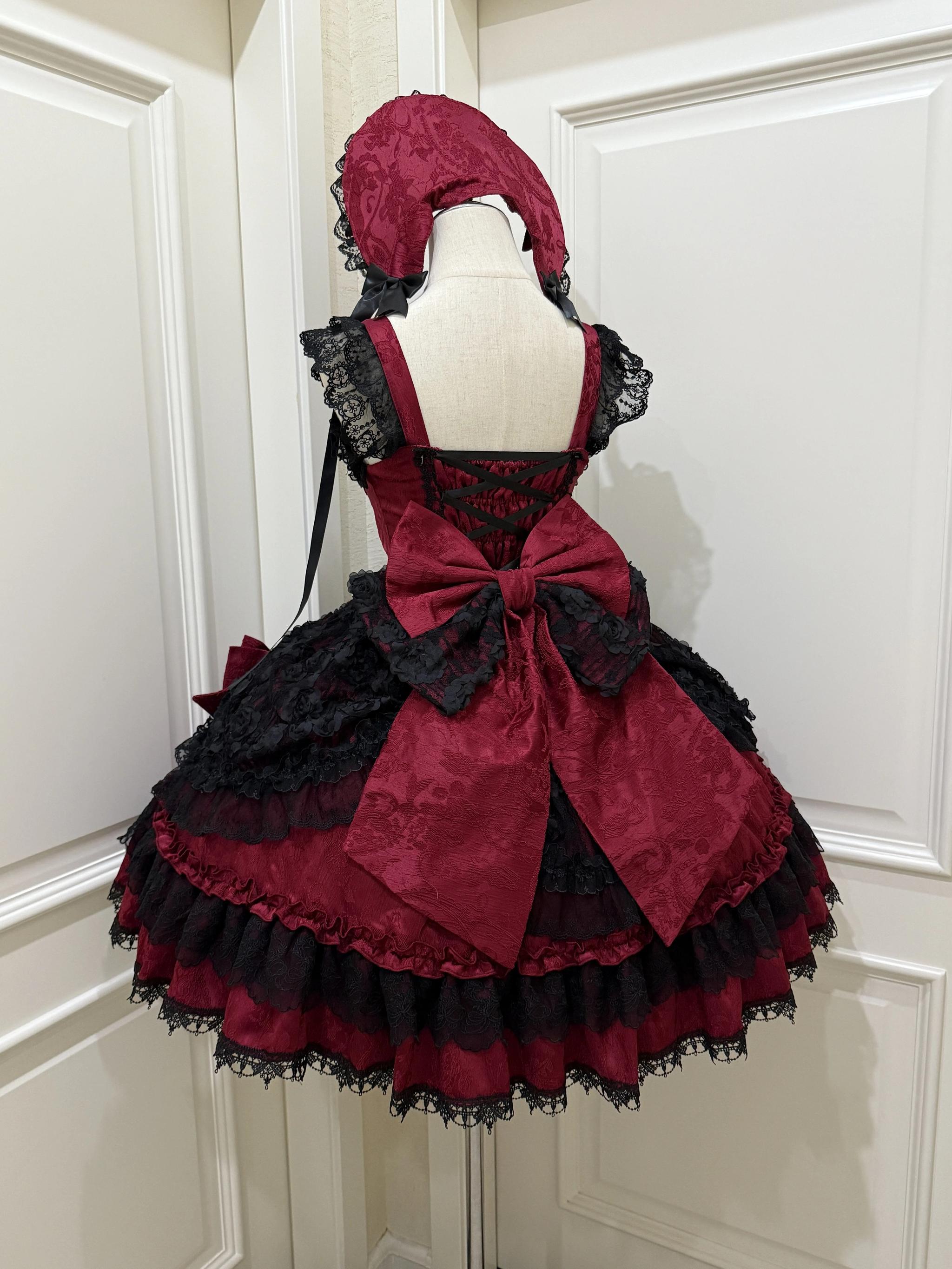 Sugar Girl - Rose Princess - Halloween Gothic Lolita JSK, Sheer Rose Dress Black-Red JSK + Trailing + BNT S