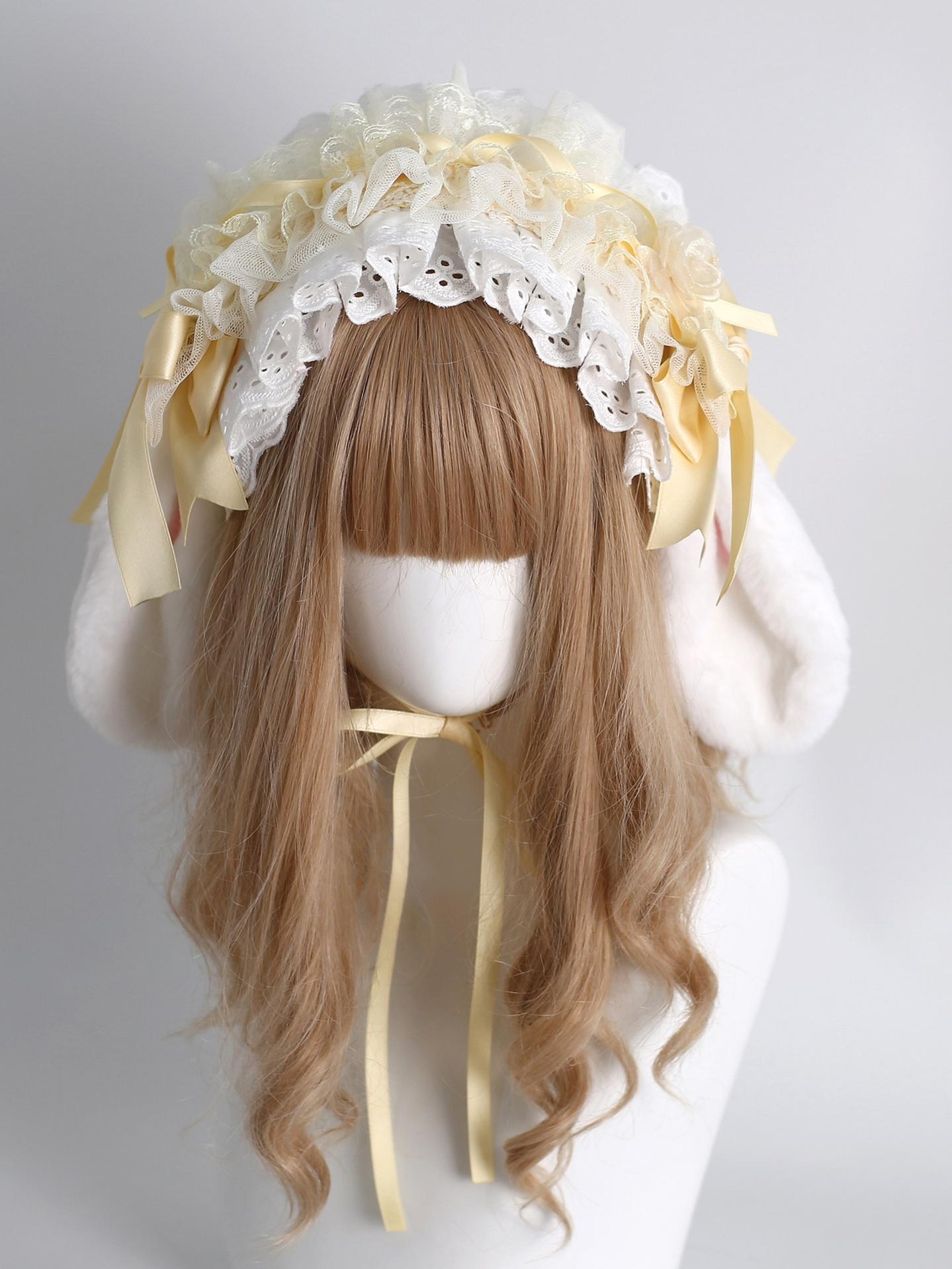 Lace Lolita Hairband, 2-in1 Bunny Ear Hairband 2-in-1 Hairband Combination (1 mesh hairband + 1 bunny ear hairband)