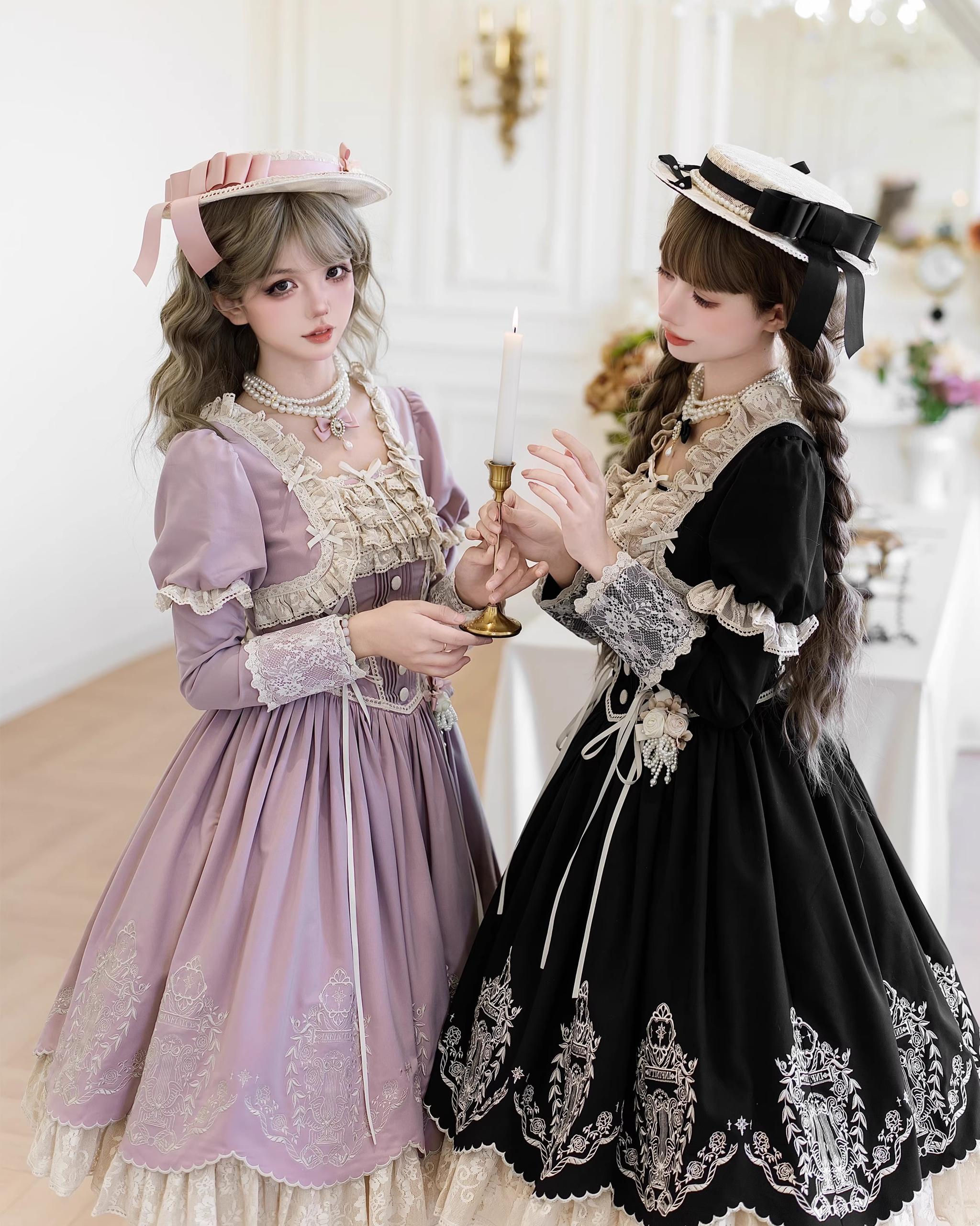 Amber Realm - Dream Strings - Embroidered Classic Lolita OP Dress, Princess Sleeves