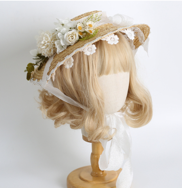 Xiaogui~Elegant Lolita Flower Bow Lace Sunhat white  