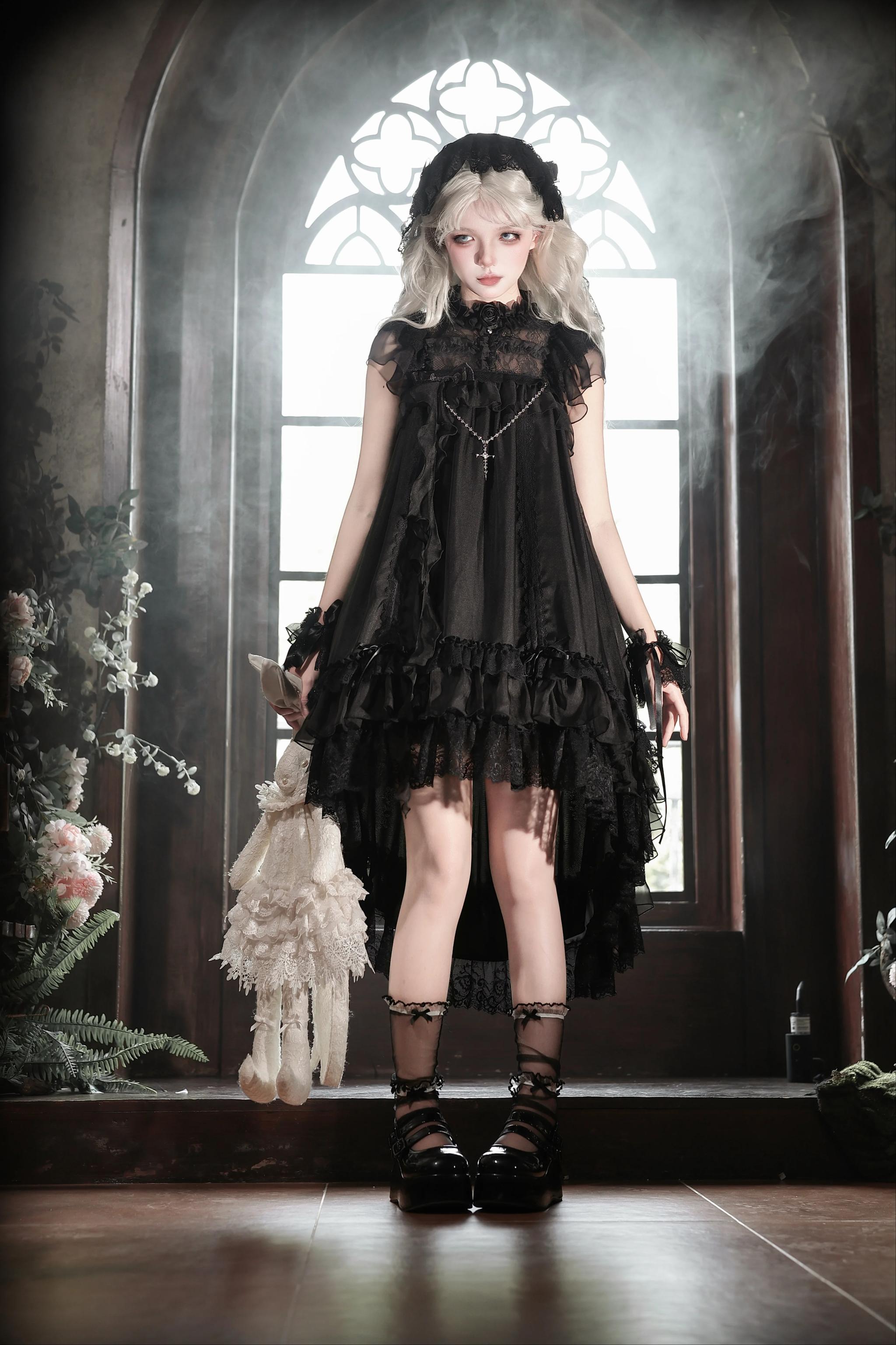 Ghost Jellyfish - Chiffon Gothic Lolita OP, Drawstring Liftable High-low Hem (2XL L M S XL) 45549:853734