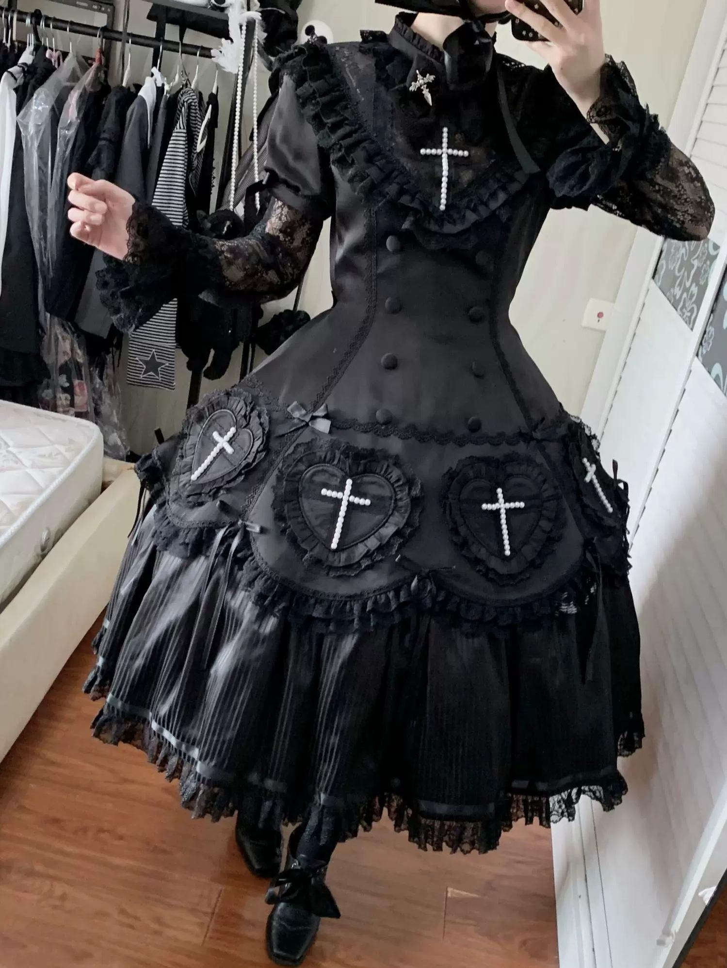 Nocthymn Cross - Gothic Lolita OP Dress with Pearled Cross, Detachable Sleeves (L M S XL) 45813:863473