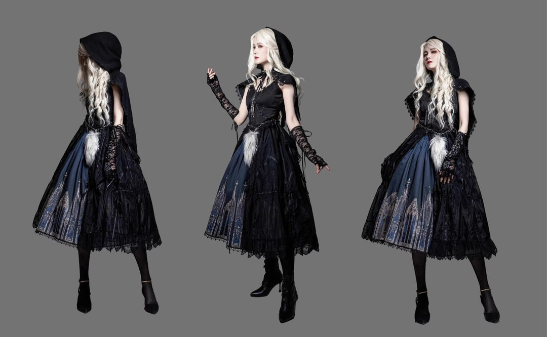 Wuyuzhe~Wolf Hunter~Gothic Lolita SK Set Halter Overskirt Cape Vest   