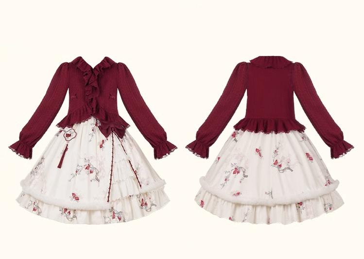 With PUJI~Pomegranate~Winter Chinese Style Lolita Knit Cardigan JSK   