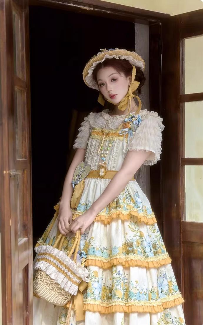 Flower Rabbit Bear - Country Lolita Tiered Skirt Dress, Floral & Bear Print