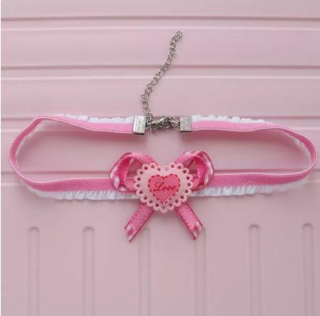 Creamy Bubbles~Sweet Lolita Choker Macaron Colors Bear Heart Necklace Peach pink lace edge love heart  