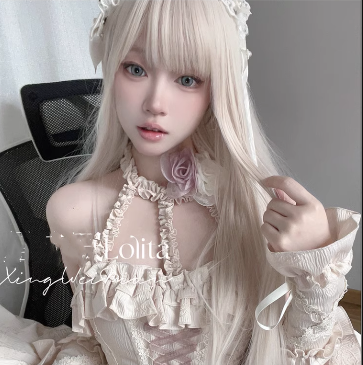Xingweimian~Sunset Venus~Gothic Lolita Formal Dress Fishbone Waist JSK Dress Set white and pink floral headdress S 