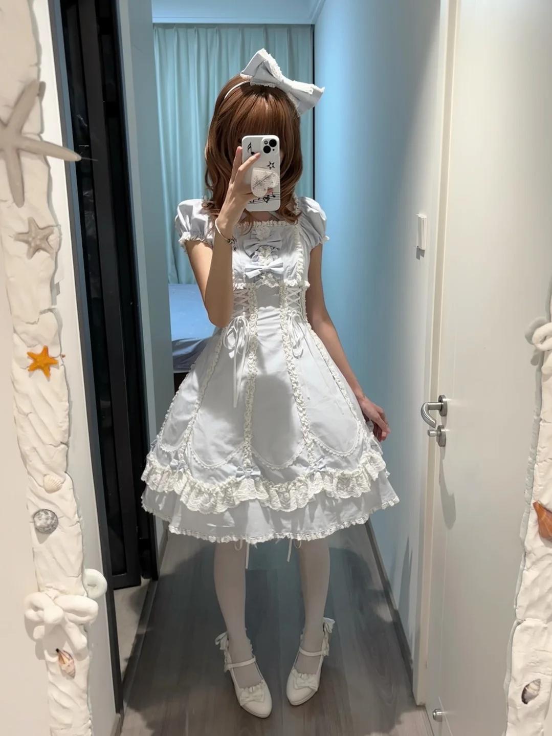 Cotton Old School Lolita Lace OP Dress, Three-tiered Back Blue-white KC Only S
