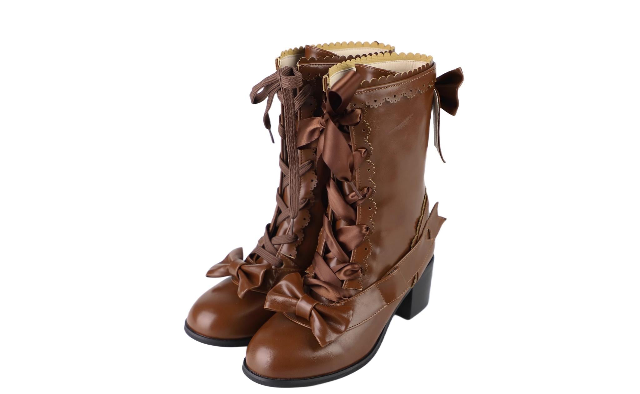 Sheep Puff - Sheepy Hooves - Kawaii Lolita Mid-Calf Boots, Side Zipper Glossy Brown 34