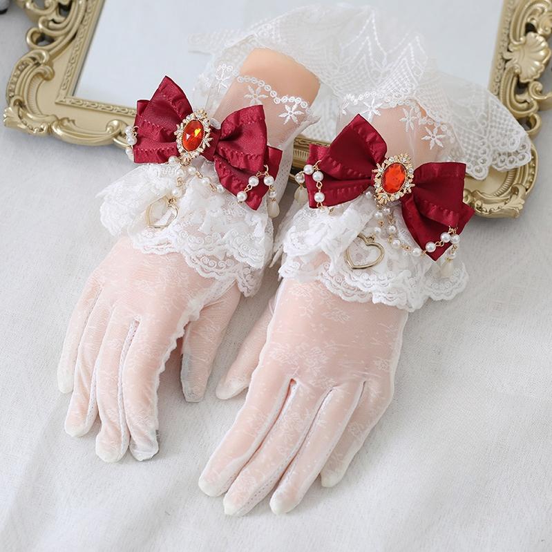 Xiaogui~Vintage Lolita Gloves Lace Bow Bead Chain Sunscreen Gloves dark red  