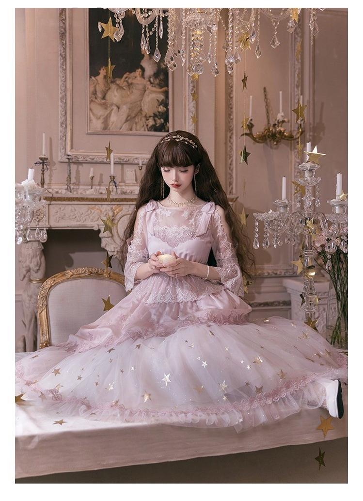 Nikki Tomorrow~Stars Descending~Pink Classic Lolita OP Mesh Embroidery Dress