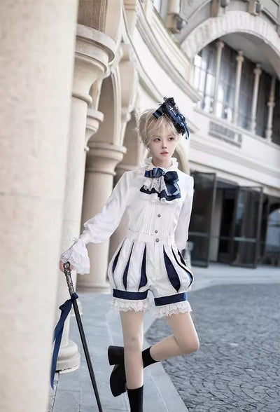 (BFM)CastleToo~Coffin of Pilgrimage~Ouji Lolita Shirt Pants Suit Medieval European Prince Suit Free size White and blue shorts 