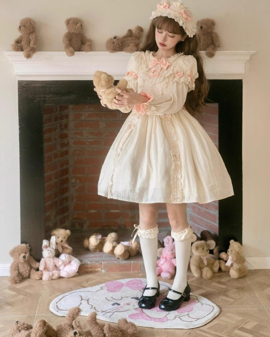 Seventeen Girls~Vintage Sweet Bear~Sweet Lolita OP Fullset Lolita Headdress OP without lace Free size pink-ivory