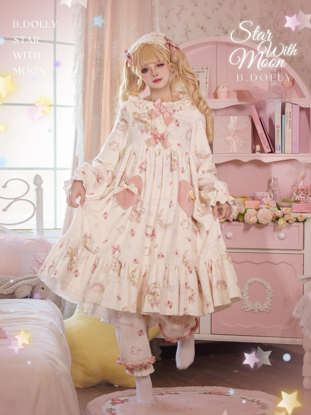 Baduoni~Starry With Moon~Winter Sweet Lolita Nightgown Dress Flannel Dree with Pants